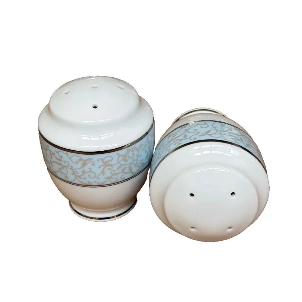 Mikasa BLUE PARCHMENT Fine China Salt & Pepper Shakers with Platinum Scrolls